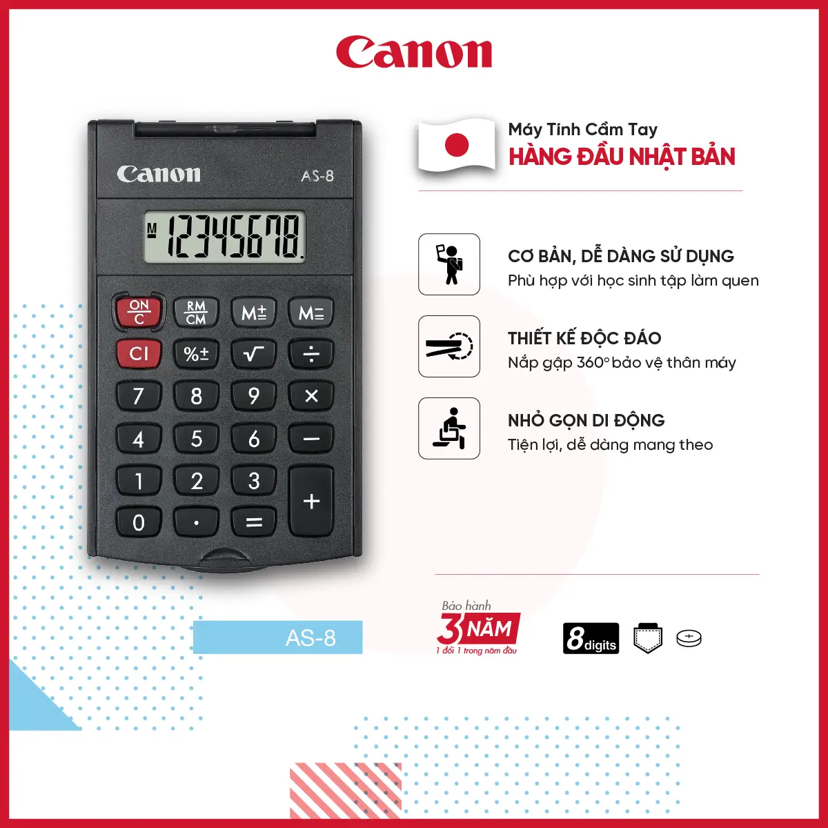 Máy Tính Bỏ Túi Canon AS-8 ASA HB | Máy tính cầm tay Cho Nhân Viên Lưu Động | Chứa Bộ Nhớ Kép | Nắp Gập 360 Độ maytinh chinhhang math calculators digital