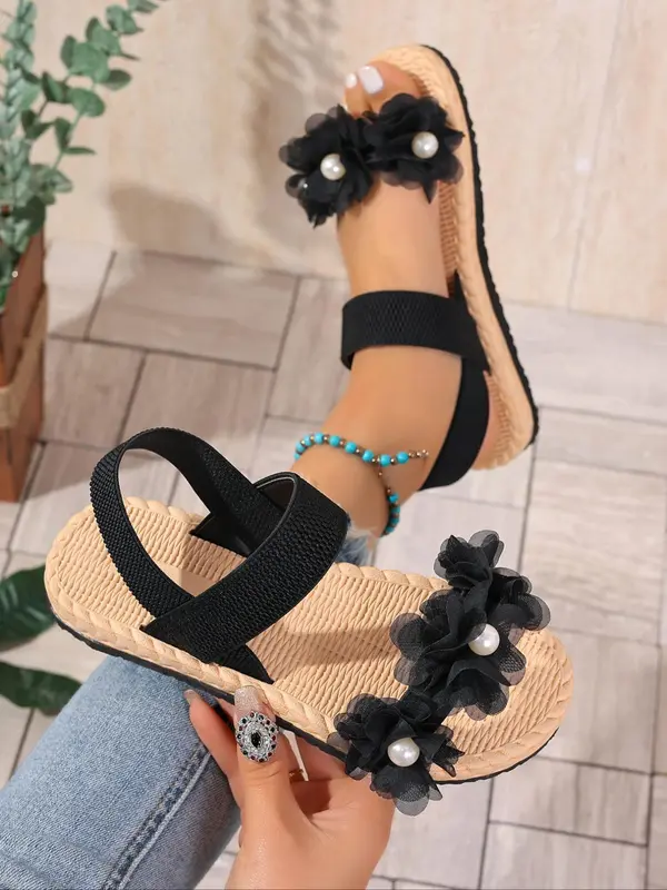 Women's Fashionable Flower Decorated Slingback Sandals, Casual Boho Style Sandals for Beach Vacation, All-match Commuter Shoes for Work & Daily Wear, Summer 5