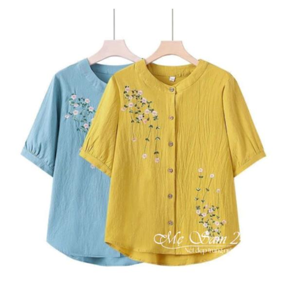 Áo Sơ Mi Nữ Trung Niên Cổ Tròn Tay Lỡ, Áo Kiểu Nữ Form Rộng Bigsize Hoạ Tiết Thêu Hoa Sang Trọng Mẹ Sam 24h - SMH.73 Top Women Voan shirt