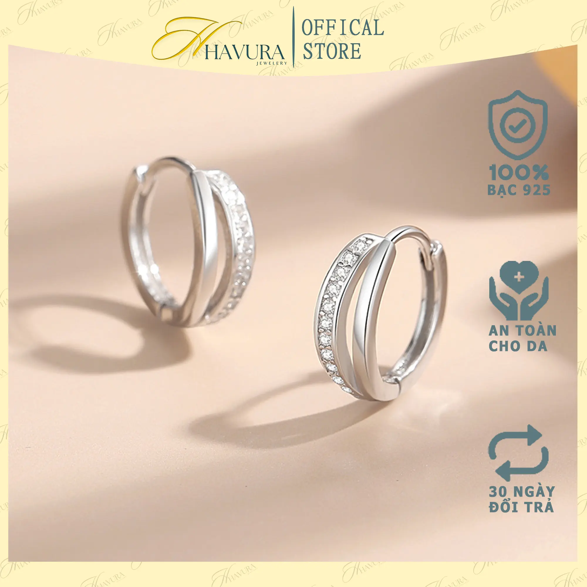 Hoa tai nữ HAVURA, bông tai nữ chất bạc 925 khảm đá quý thời trang, thanh lịch M066127