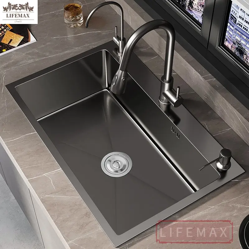 [SG Seller]Gun Gray Kitchen Nano Sink 304 Stainless Steel Household Sink  With Kitchen Faucet Drain Accessories