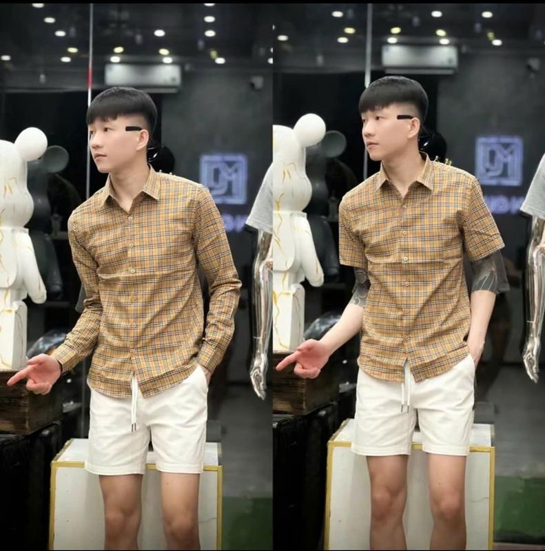  Áo sơ mi nam ngắn tay phối sọc caro chất vải lụa dày dặn mẫu HOT Menswear Shirt 