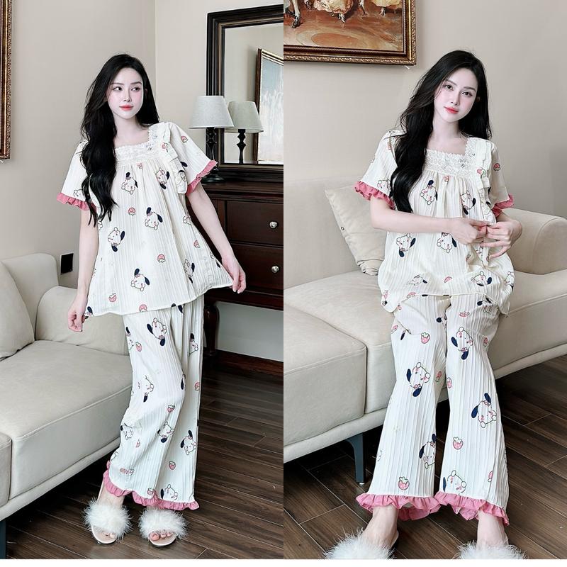 Bộ Bầu Bộ Sau Sinh Chất Liệu Đũi Gân Tay Cộc Quần Dài Babydoll Cổ Vuông Ren Nơ Dành Riêng Cho Mẹ Bầu Dưới 72kg