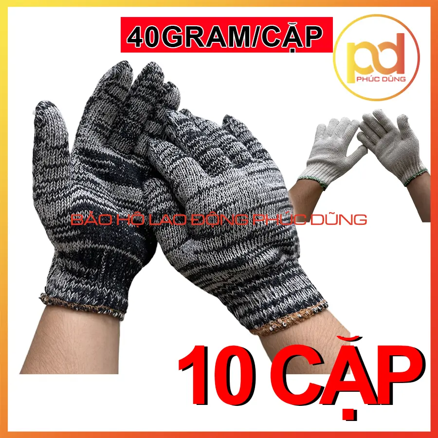 Combo 10 cặp găng tay bảo hộ làm vườn LOẠI MỎNG 40gram, chất liệu vải sợi polyester dệt bền bỉ đủ màu sắc tiết kiệm giá rẻ