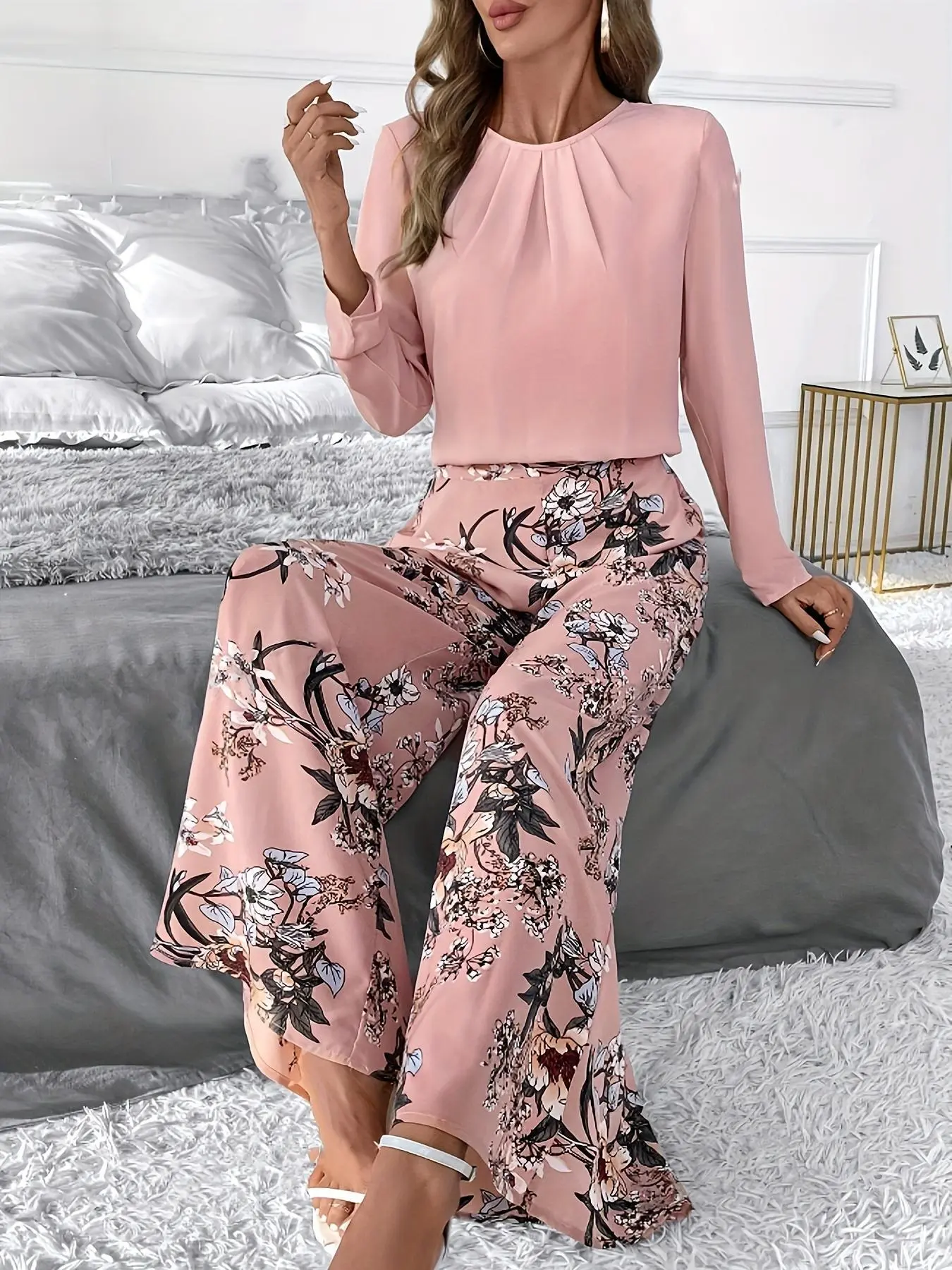 Women's Solid Color Blouse & Floral Print Wide Leg Pants Two-Piece Set, Elegant Long Sleeve Top & Pants for Spring & Fall, Ladies Clothes for Daily Wear