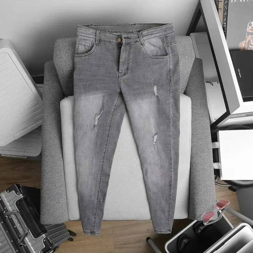 Quần jean nam xám rách co giãn thời trang Slim Fit size 28-34