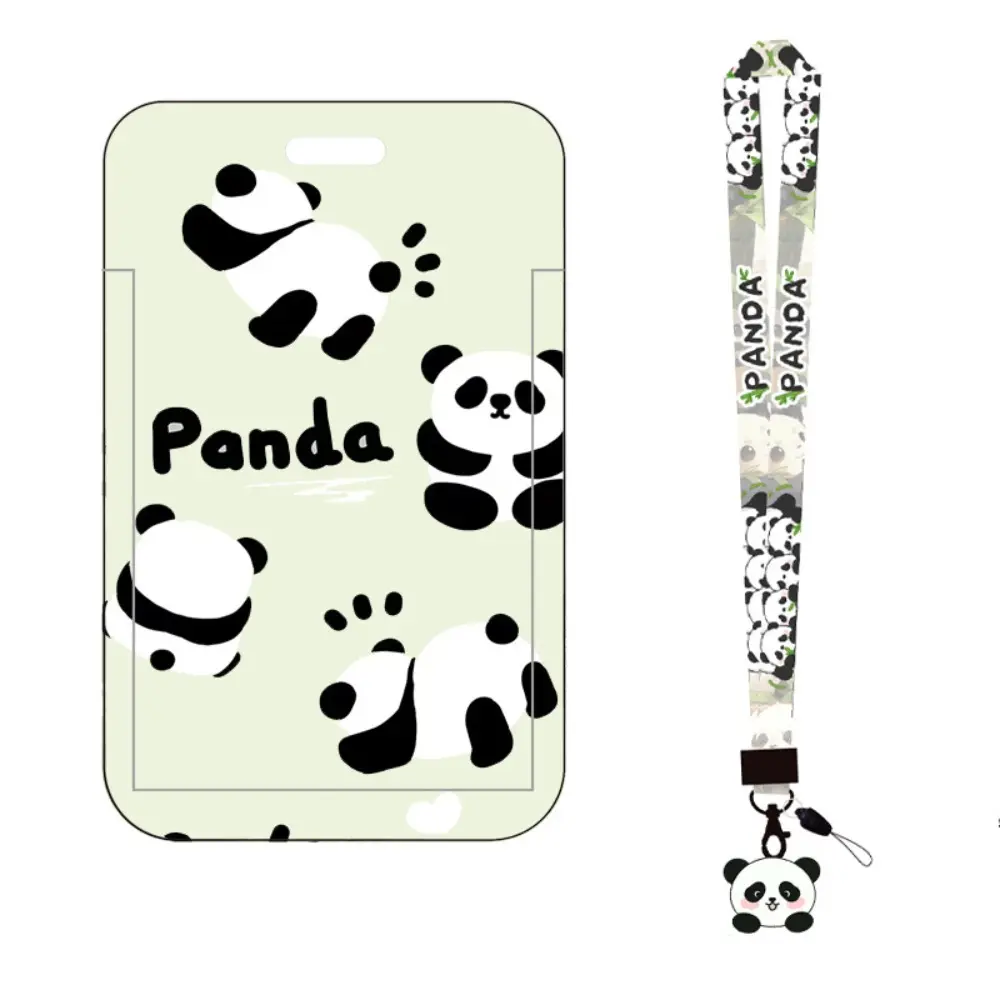 Cute Panda Printing Plastic Card Holder with Long Lanyard Slide Card Case Anti Loss Hard Card Sleeve