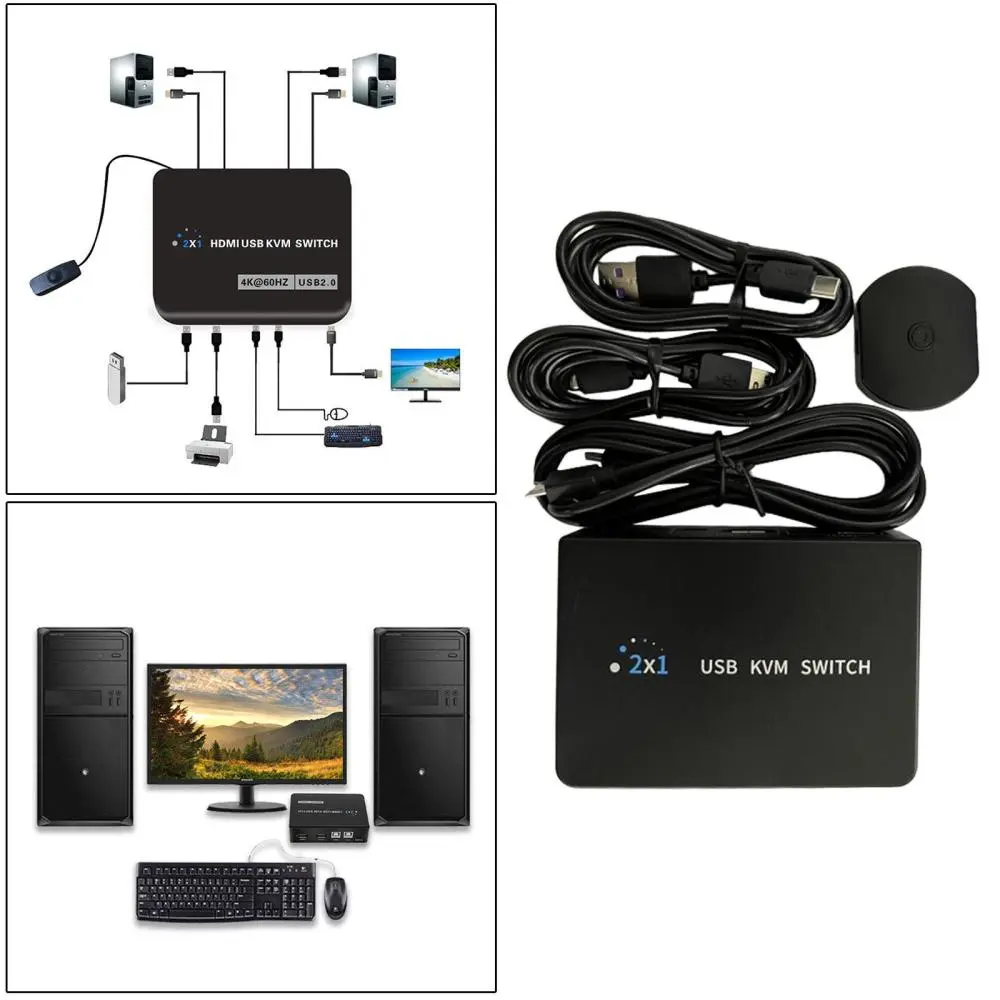 KVM Switch HDMI 2 Port Box, UHD 4K@60Hz & 3D & 1080P Supported, Downward Compatible, with 2 USB Cables
