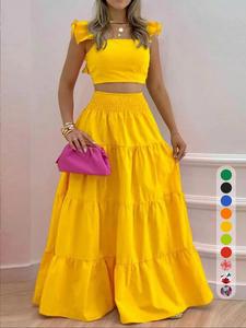 Women's Solid Color / Floral Print Shirred Top & Long Skirt Matching Two-piece Set, Boho Fashion Casual Top & Skirt for Daily Holiday Vacation Wear, Ladies Summer Clothing Set