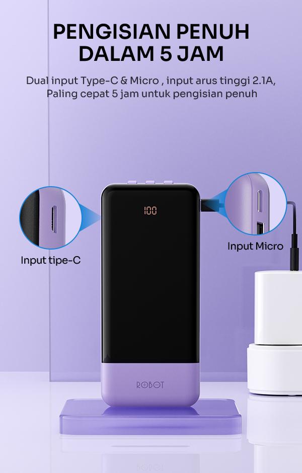 Powerbank ROBOT 10000mAH RP-101L New 2.1A Dengan 3 Kabel  Charger Type C Lightning Micro [BISA COD] Smart Baterai