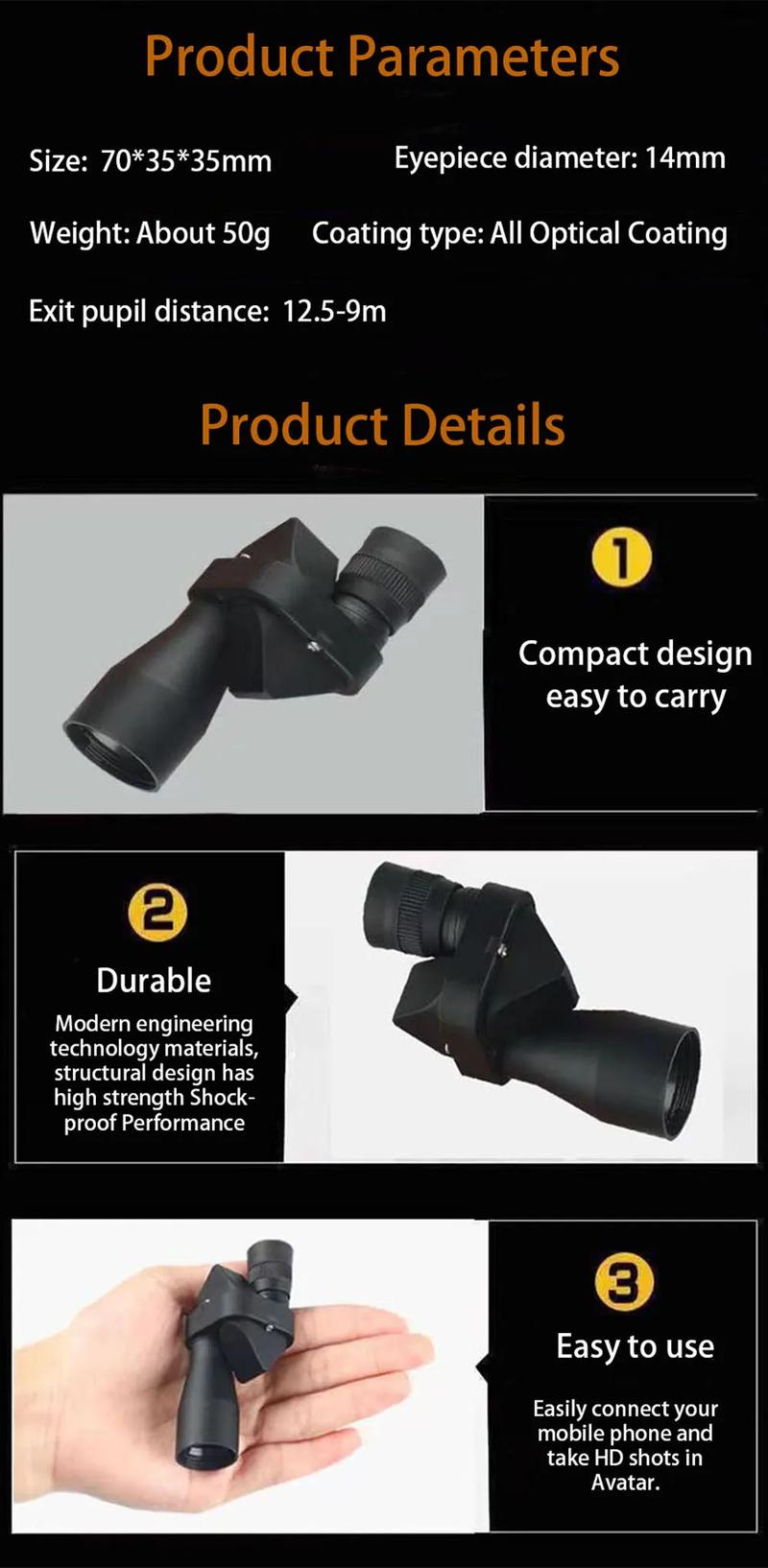 Product Introduction of Portable HD Mini Pocket Monocular Telescope High Magnification Zoom Outdoor Fishing Telescope for Hunting Camping Mountaineering 36