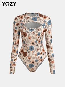 YOZY Women's All Over Print Cut Out Round Neck Bodysuit, Casual Long Sleeve Snap Closure Crotch Bodysuit for Daily Wear, Ladies Clothes for All Seasons