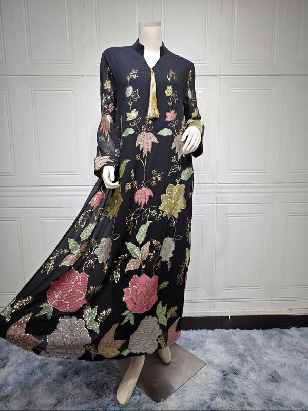 Arabic Clothing-Floral Contrast Sequin Fringe decor Notched Dress, Elegant Long Sleeve Arabian Dress for Women, Muslim Fashion for Party Holiday Vacation 6