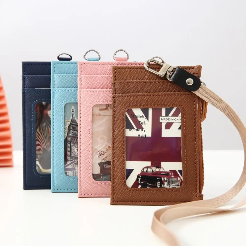 Casual Zipper Bag Card Badge Holder PU Leather with Neck Lanyard Coin Purse Card Case Office Supplies