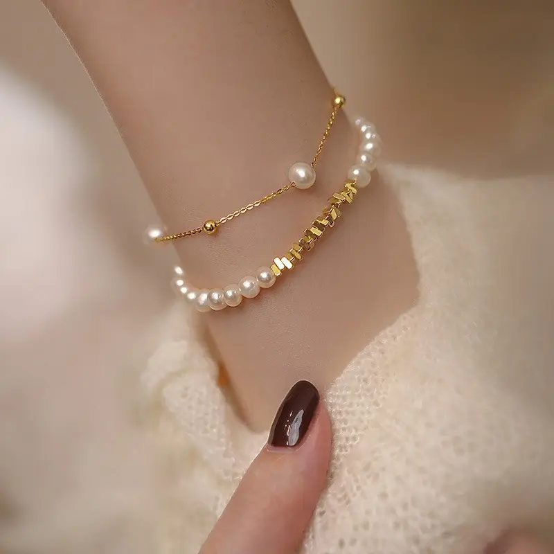 Natural freshwater pearl bracelet, women's high-end handmade bead bracelet, starry sky shattered gold bracelet