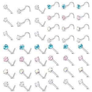 สตั๊ดจมูกรูปตัว L เรียบง่าย ทันสมัย ก้านหยัก ทำจากสแตนเลสเกรดทางการแพทย์ เพทายหลากสี หมุดจมูกเพชร