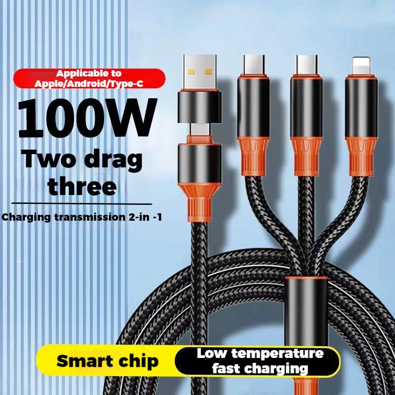 3 In 2 Fast Charging Cable 100W Nylon Weaving Charger Cord 3 In 1 Zinc alloy Data Cable For ios 15 Type C Android Kabel 0