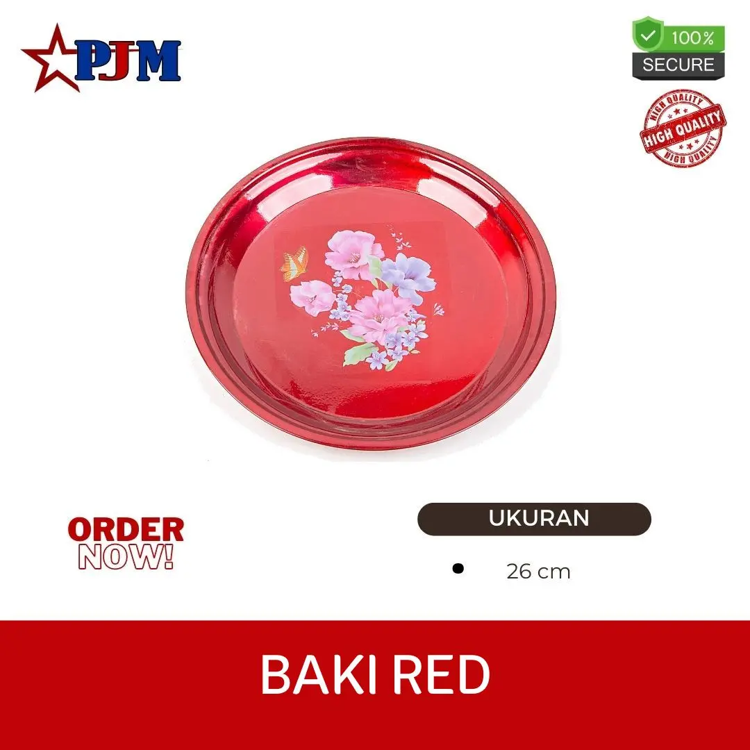 Baki Red/ Baki merah/ Baki Motif kembang/ PJM232/PJM236 Bulat Piring Wadah Kitchenware Seng