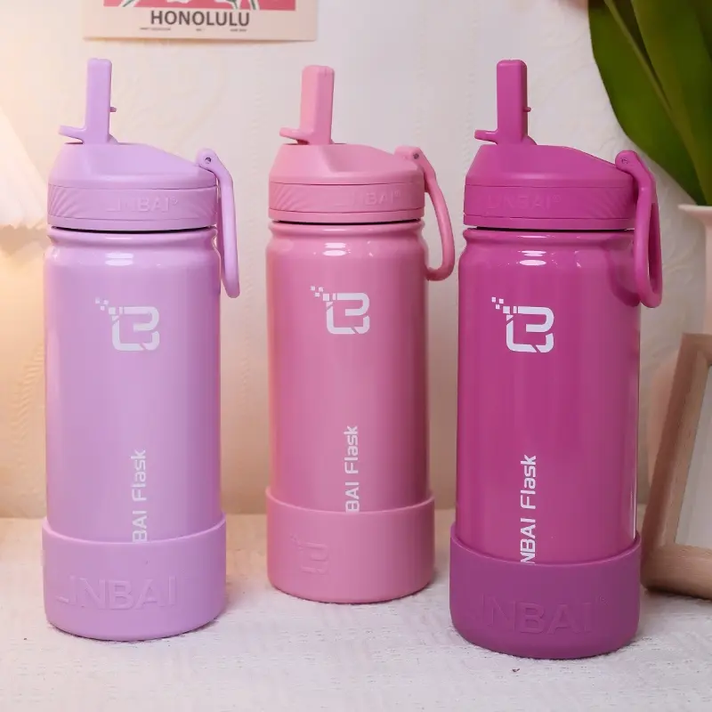 LINBAI Flask 16oz Kids Water Bottle with Straw Tumbler Hot and Cold Silicon Boot Flip Sip Coffee Cup 2