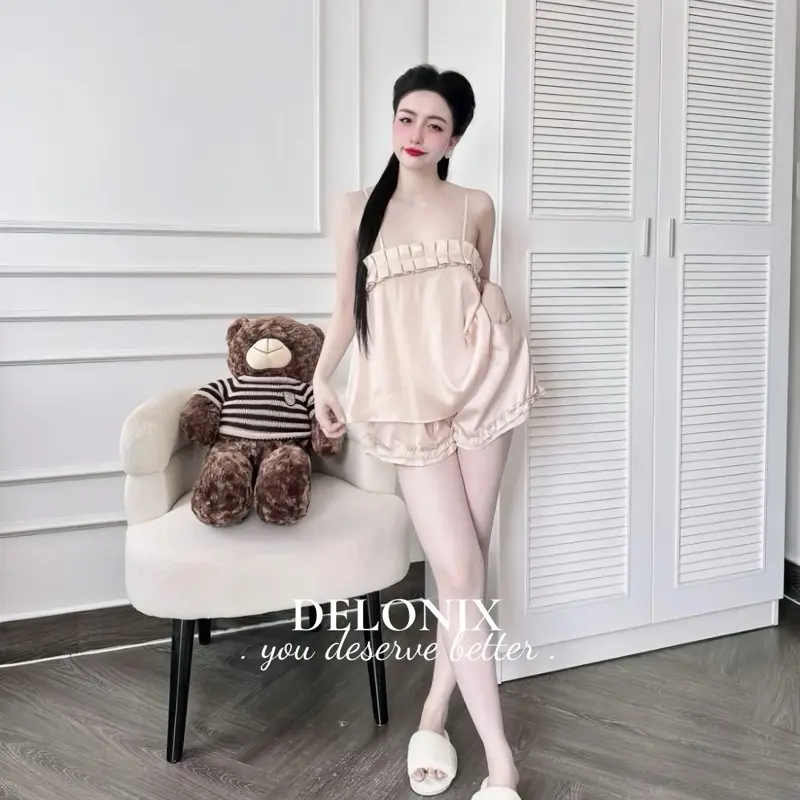 B17 Bộ đồ ngủ lụa pijama xếp ly 2 dây cute sang chảnh tôn dáng cao cấp chuẩn hàng bộ ngủ DELONIX 4