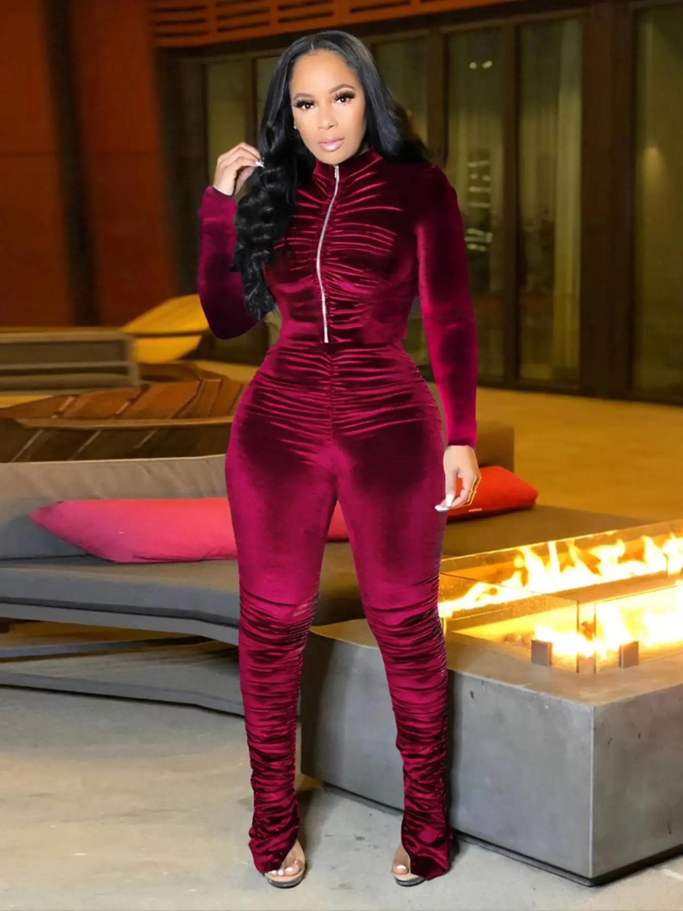 Two-piece Set Women's Christmas Valentine's Day Solid Velvet Ruched Zip Up Jacket & Pants, Casual Long Sleeve Mock Neck Top & Trousers for Daily Wear, Ladies Spring & Fall Clothes, Tall Clothing Women
