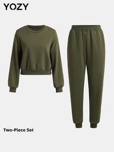 YOZY Two-Piece Set Women's Solid Long Sleeve Crew Neck Sweatshirt & Elastic Waist Sweatpants Set, Casual Round Neck Pullover & Pocket Jogger Pants, Women's Fall & Winter Lounge Clothes