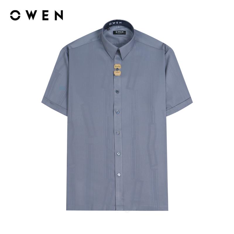 OWEN - Áo sơ mi Nam Ngắn tay Body Fit Không túi AB230197N màu Ghi chất liệu Bamboo Hoạ tiết Kẻ sọc Menswear