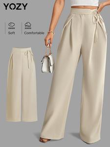 YOZY Women's Solid Plicated Tie Front Straight Leg Pants, Casual Comfy High Waist Trousers for Summer, Fashion Women's Bottoms for Daily Wear
