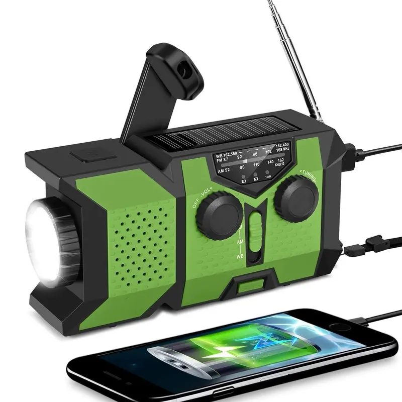 2000mAh Emergency Hand Crank Weather Radio, Rechargeable Portable Solar Powered FM/AM/NOAA Radio with Flashlight & SOS Alarm, Emergency Equipment 0