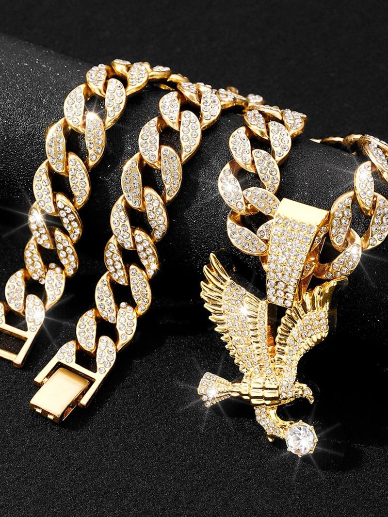 Product Introduction of Rhinestone Eagle Decor Pendant Necklace for Women & Men, Fashion Cuban Link Chain Jewelry for Party, Daily Clothing Decor, Classic Punk Accessories for Daily Wear 19