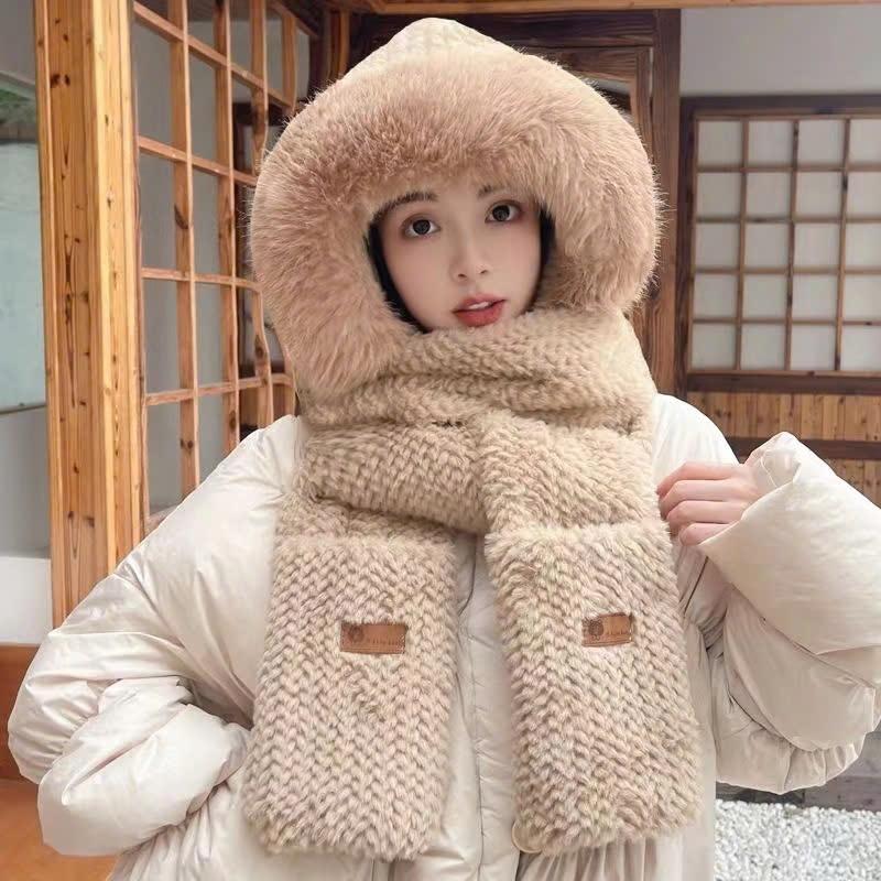 Mũ Chùm Đầu 3in1 Chất Len Lông Mềm Mịn Giữ Ấm Mùa Đông Cho Nữ . Mũ Chùm Đầu Kèm Khăn Quàng Cổ Và Găng Tay Xỏ Hat Women Nón Cap