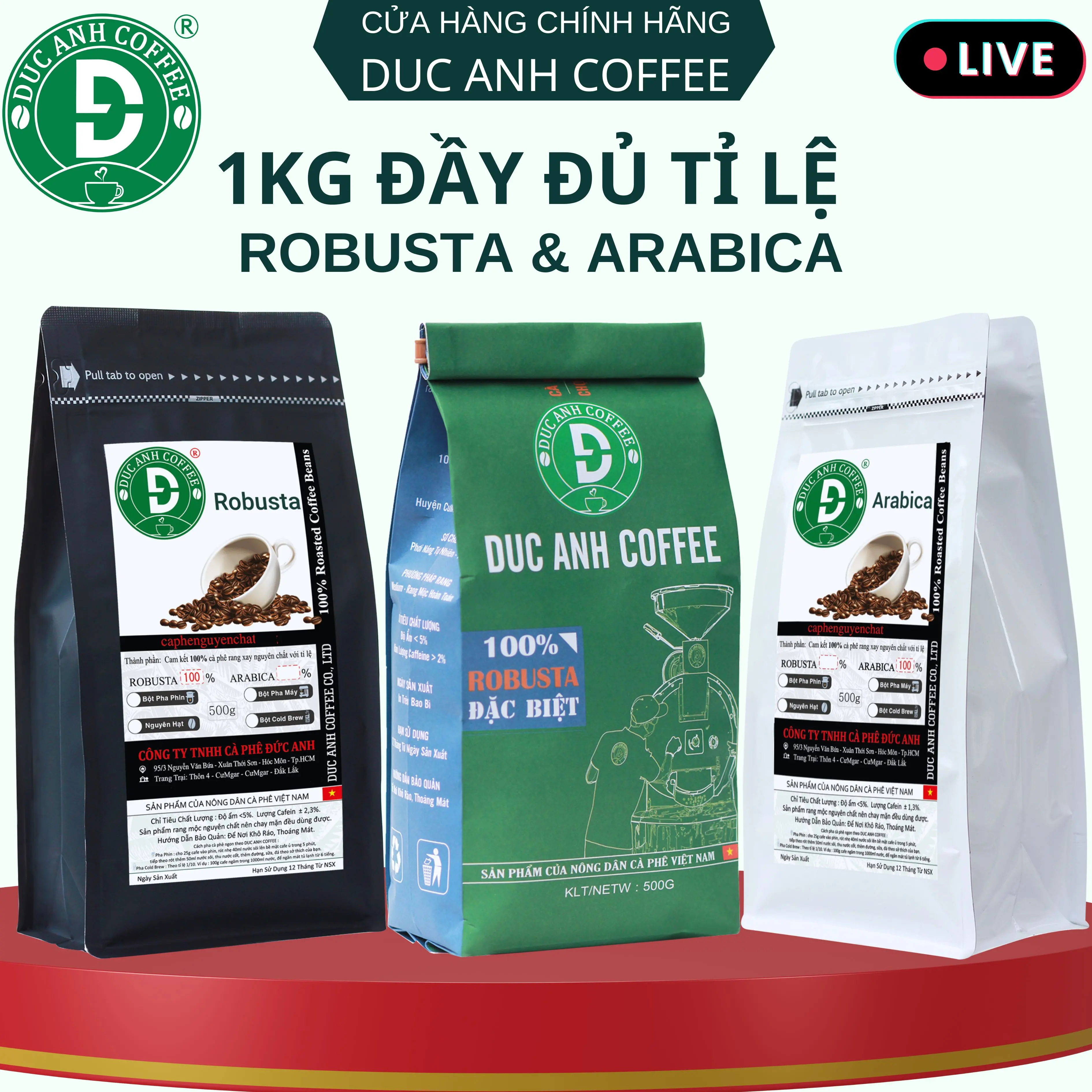 1KG Cà Phê Nguyên Chất Đầy Đủ Tỉ Lệ DUC ANH COFFEE Rang Mộc Pha Phin, Pha Máy, Cold Brew, Bột Hạt Tùy Chọn