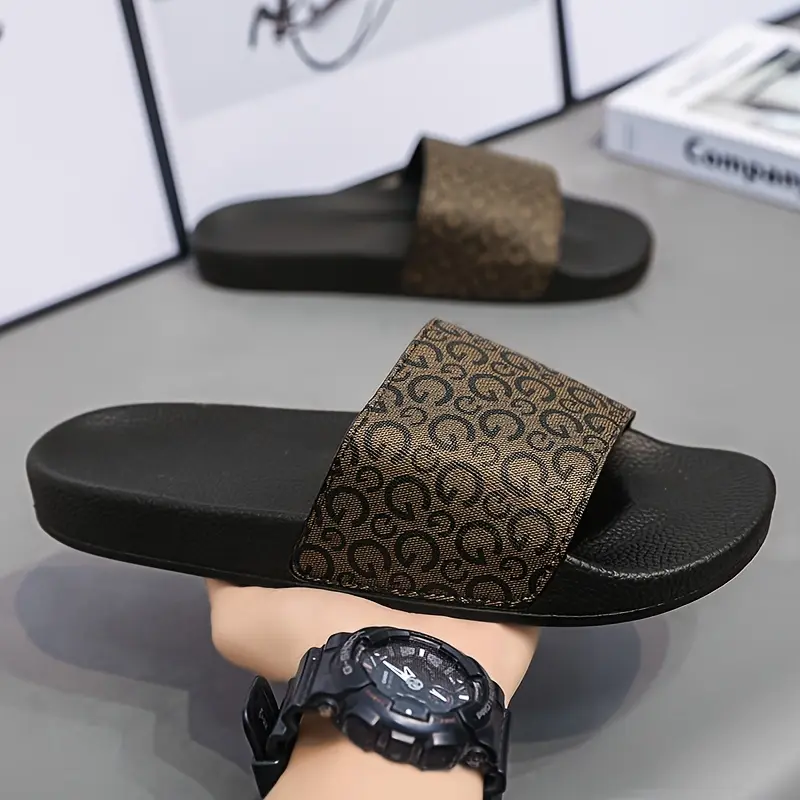Men's Trendy Open Toe Breathable Slippers, Comfy Non Slip Casual Durable Rubber Sole Slides, Men's Indoor Footwear