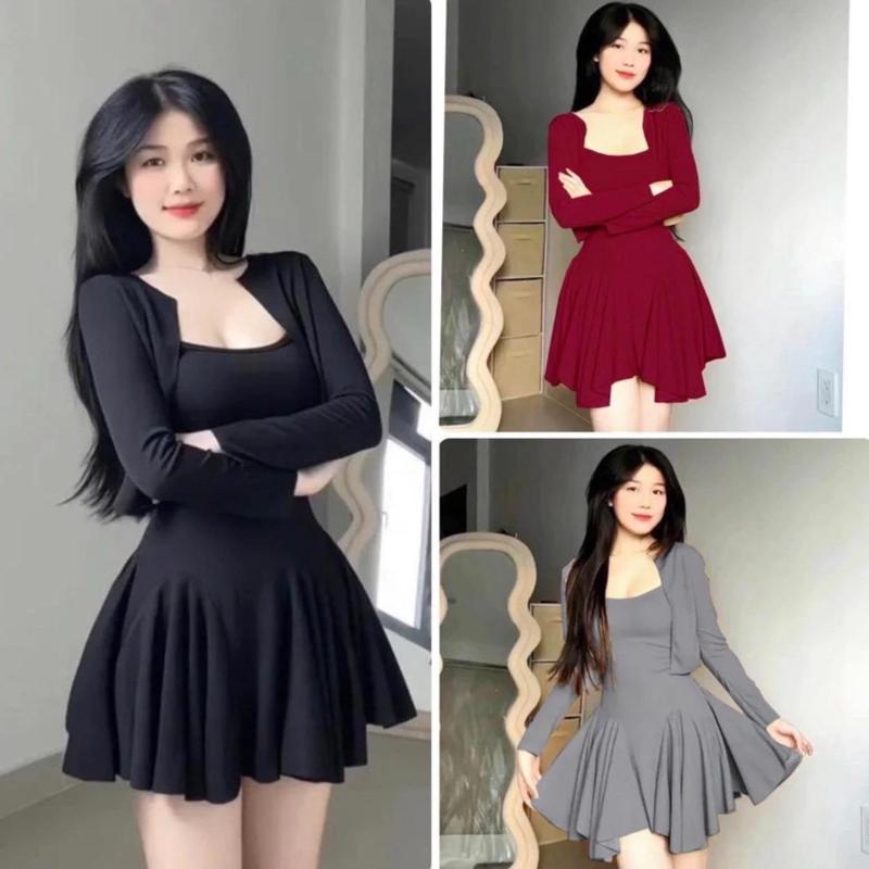  Sét váy 2 dây xoè + áo khoác ngoài siêu đẹp Bộ nữ hai dây kèm khoác váy ngắn hai dây ôm body sexy quyến rũ mã 03 