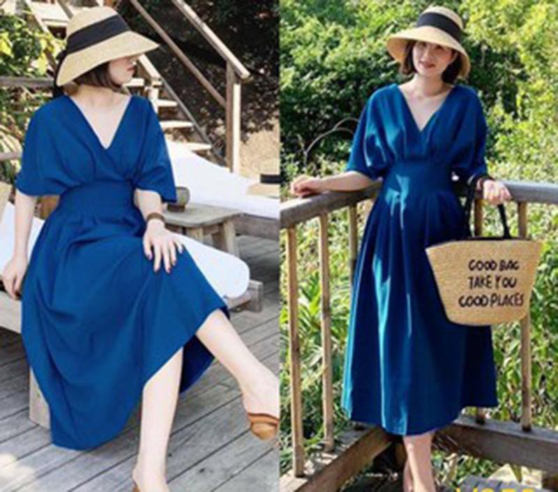Đầm xòe tay dơi Cổ chữ V Trơn Nữ Dress Women Xanh đầmbody cổtàu áo tingoan