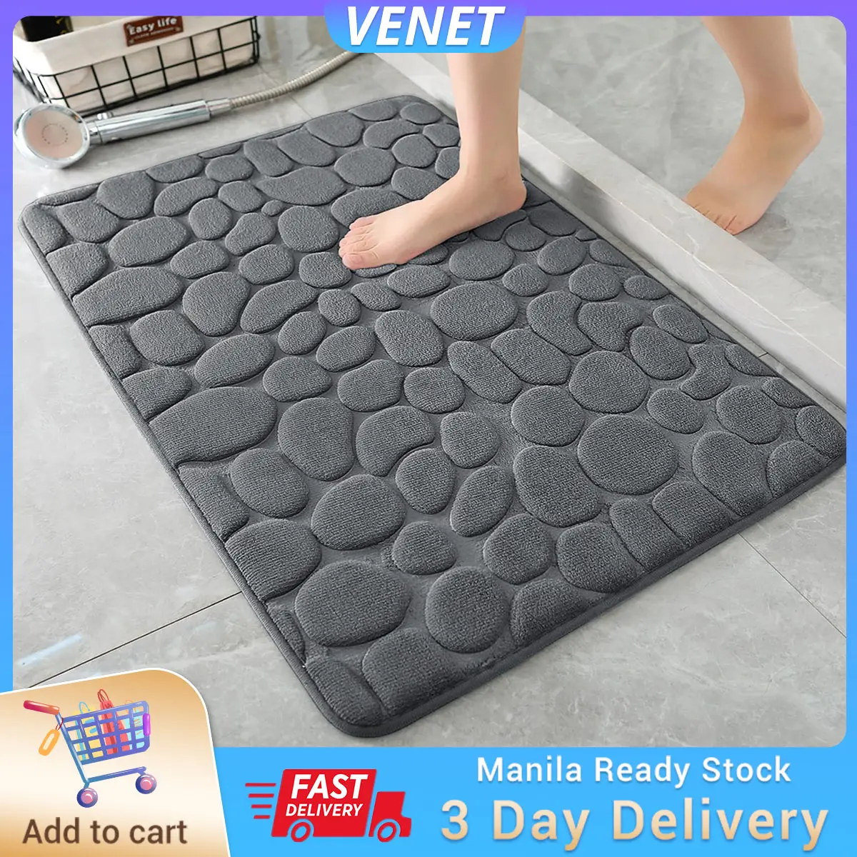 Memory Foam Bath Rug Cobblestone Embossed Bathroom Mat Rapid Water Absorbent and Washable Bath Rugs Non-Slip Thick Soft and Comfortable Carpet for Shower Room Bathroom Accessories