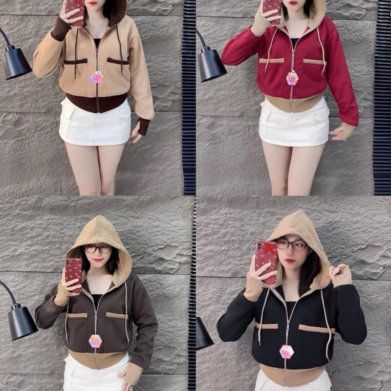 Áo khoác nữ Pici mix gân thiết kế túi vuông , Form Lửng trẻ trung, 6 túi nón to - ÁokhoacQuynhQuynh