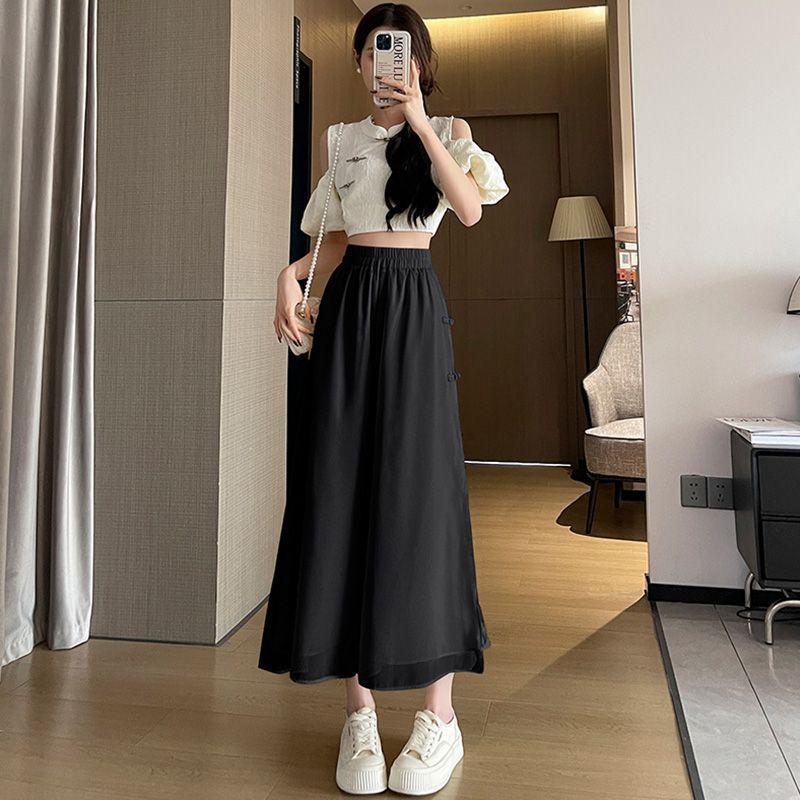 Quần Ống Rộng Voan, Phong Cách Trung Quốc Mới, Dành Cho Nữ, Bộ Sưu Tập Mùa Hè 2024, Quần Cropped Dáng Rộng Thường Ngày Quần Váy Cổ Tích Mỏng Chảy 7