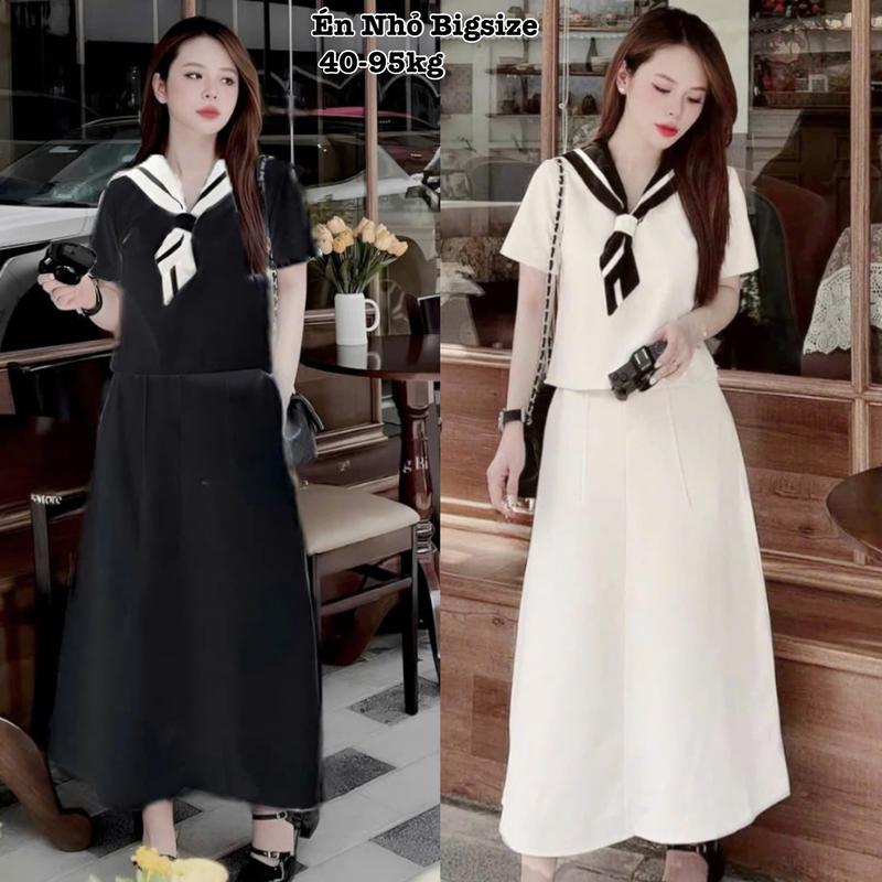  Thời Trang Bigsize - Set Bộ Bigsize Áo Cổ Thủy Thủ Tay Cộc Kèm Khăn Mix Chân Váy Dáng Dàng Lụa Chéo Thái Thiết Kế Dự Tiệc Nữ Cao Cấp Xinh Đẹp Sang Trọng  50-95kg Áo Top Cotton Màu Nâu Sen Màu Đen Set Đồ Nữ đẹp Set Áo Croptop Nữ Sang Chảnh - 2333 