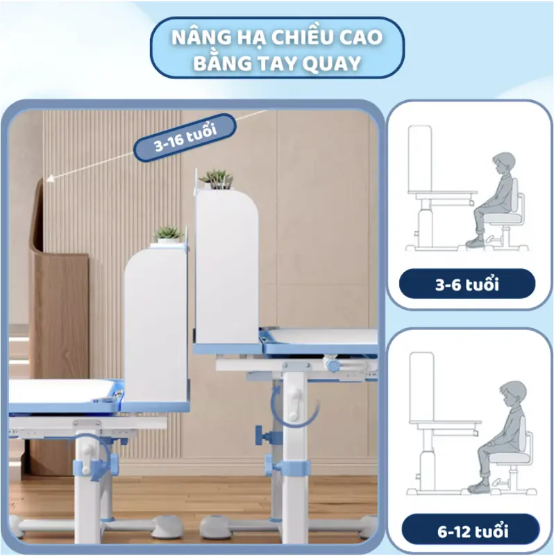 Bộ Bàn học cho bé Sakawin A16 Cải tiến cao cấp Nâng hạ tay quay cả bàn và ghế Tặng bộ quà 6 Món đầy đủ 5