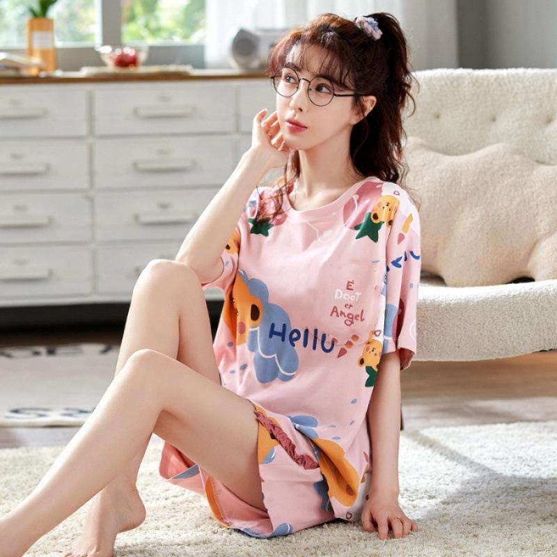 Product Introduction of Bộ Đồ Ngủ Nữ, Phong Cách Mùa Hè, Với Đệm Ngực Tích Hợp, Thiết Kế Hoạt Hình, Làm Bằng Cotton Nguyên Chất, Quần Áo Dễ Thương, Thích Hợp Mặc Nhà, Màu Bạc Nước, ngắn Tay Mỏng, Cổ Tròn Women Top 19