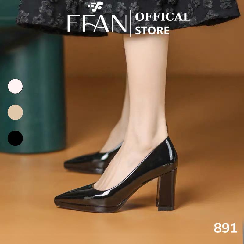 Giày cao gót mũi nhọn đế đúp gót vuông 8 phân da bóng mềm mại 891 FFAN STORE bít mũi màu đen be trắng sữa Cao Su Nữ