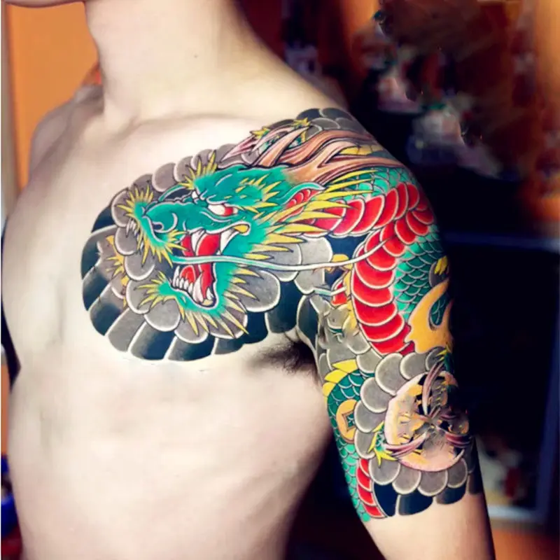 Miếng Dán Hình Xăm Nửa Giáp, Thiết Kế Truyền Thống Cũ, Không Thấm Nước Và Bền, Thích Hợp Cho Nam Và Nữ, Hình Xăm Cánh Tay Ngực Lớn Xã Hội, Hình Xăm Cánh Tay Hoa Anh Đào 4