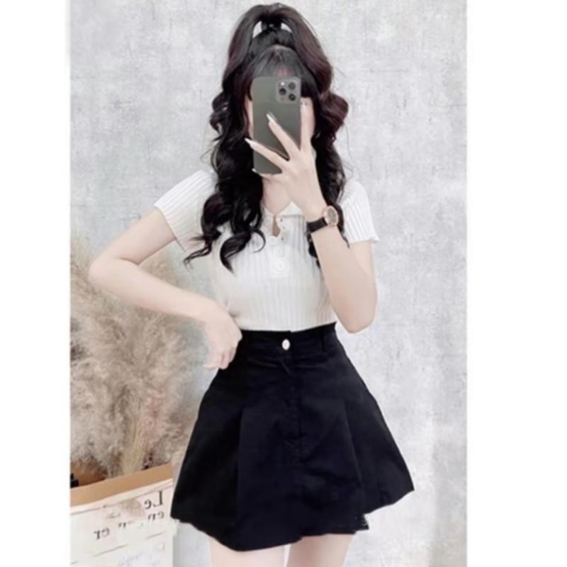 Quần giả váy Nữ Kaki cạp lưng chun sau khóa thật cúc cài mặc đi làm đi chơi Xinh. Women Kem Đen Chân Váy