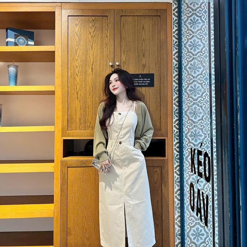 Sét Đầm Kaki 2Dây Phối Áo Khoác Thun Gân Dài Tay Siêu Đẹp Nữ Women Dress Váy 5