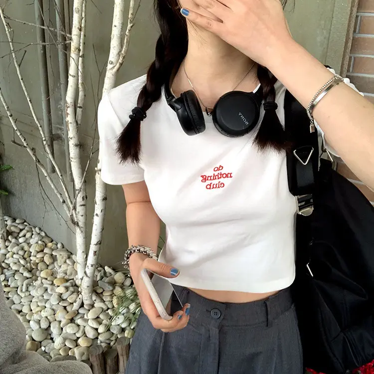 Áo Thun Mùa Hè, Phong Cách Hàn Quốc, Bó Sát, Dễ Phối Đồ, Thiết Kế Đơn Giản, Phong Cách Cô Gái Nóng Bỏng, Có In Chữ, ngắn Tay, Dành Cho Nữ, Hợp Xu hướng 2
