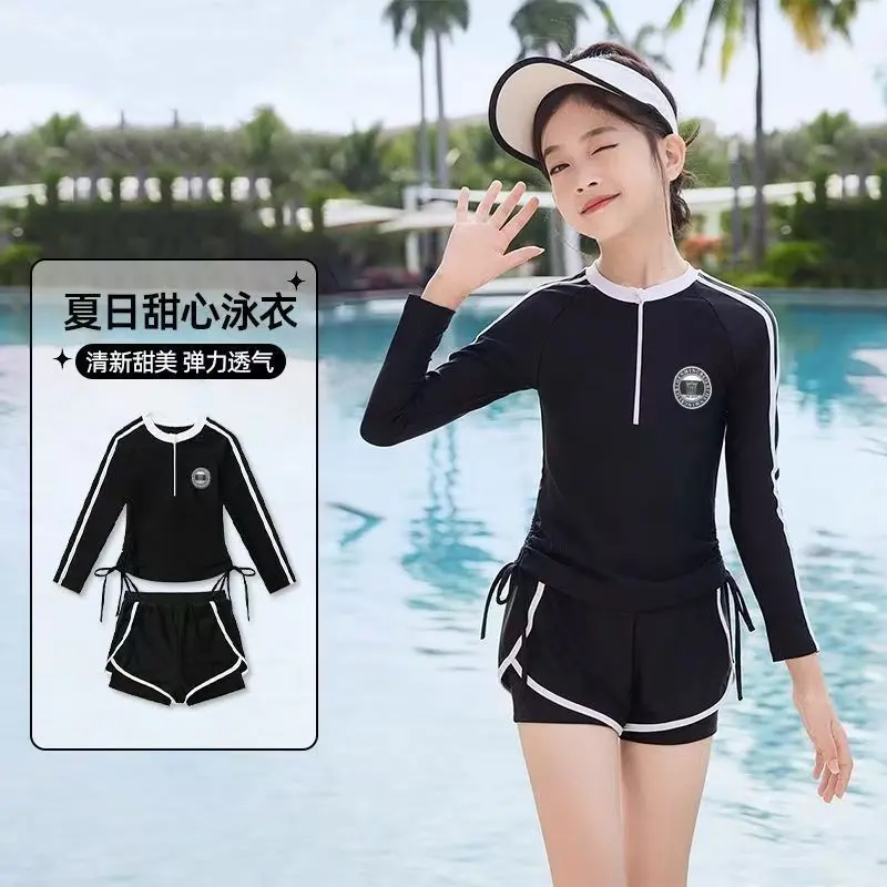 Đồ Bơi Trẻ Em Bé Gái, Bộ Sưu Tập 2025, Thiết Kế Xẻ Tà, Chống Nắng, Dành Cho Trẻ Trung Và Lớn, Hàng Mới Về, Dài Tay, Thích Hợp Cho Học Sinh Bé Gái, Trang Phục Tập Luyện Chuyên Nghiệp 1