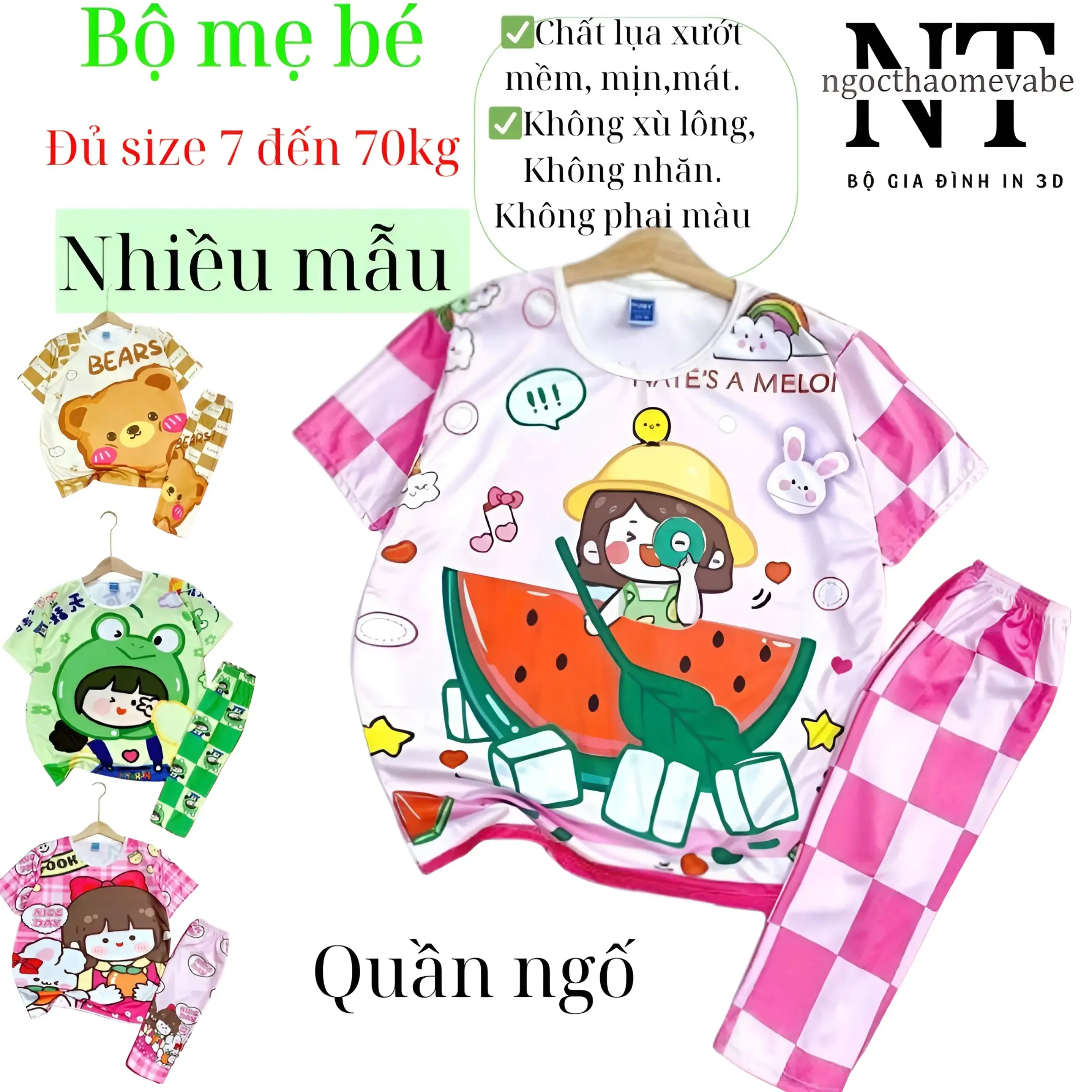 Đồ bộ thun phù hợp cho mẹ và bé mẫu Áo cộc tay quần ngố mới, chất thun mềm, mịn mát, k bị nhăn, k xù lông hay phai màu mặc được cho bé gái và cho cả gia đình   Nữ Women Top Quần Ngủ Ong