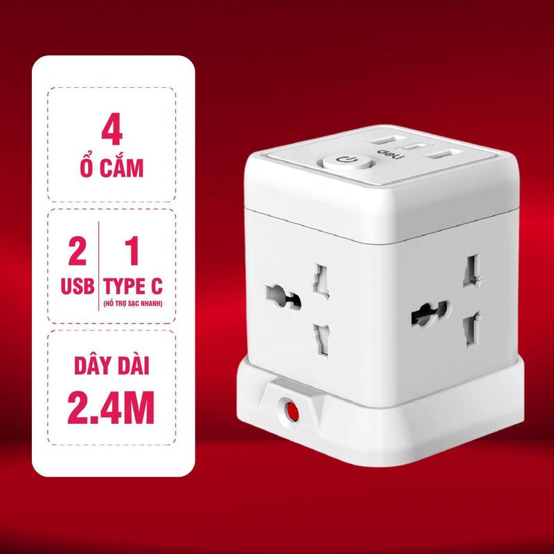   Deal giới hạn  Ổ cắm điện dáng dài Trụ 4 ổ 2 USB 1 Sạc nhanh type C 2.4m Deli  ổ điện công suất 2500W nhựa ABS chống cháy dây đồng bảo hành 36 tháng 