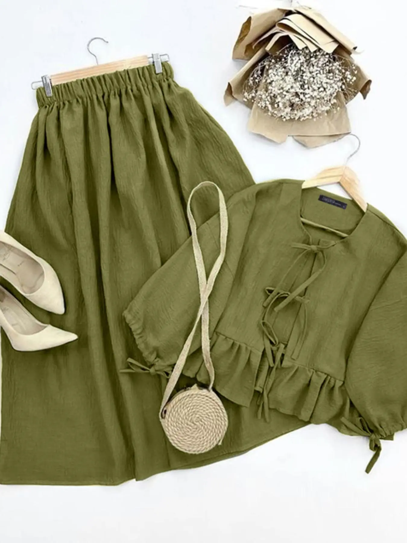 Women's Solid Tie Front Top &  Skirt Set, Casual Fashion Cozy Two-piece Set for Daily Outdoor Wear, Ladies Clothes for All Seasons